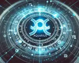 Cyfrowa tarcza z symbolami zodiaku i napisem AQUARIUS. Wodnik w ascendencie, otoczony kosmiczną energią.