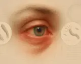 Œil rouge et irrité, avec des illustrations de parasites et de bactéries, suggérant une rosacée oculaire.