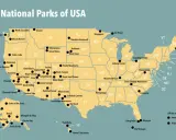 Karte der nationalparks USA mit Orten wie Yellowstone, Grand Canyon und Yosemite.