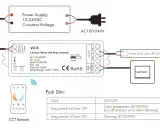 Schemat podłączenia taśmy LED 230V: zasilacz, kontroler V2-S, taśma dwukolorowa, pilot i przycisk.