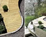 En vacker, böljande rund altan i trä med planteringslådor och kuddar. Perfekt för en avkopplande stund i trädgården.
