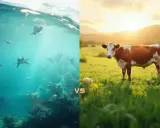 Comparaison entre le collagène bovin et marin : une vache dans un pré ensoleillé face à des poissons et requins dans l'océan.