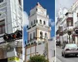 Architektura Sucre: wieża zegarowa, białe budynki z balkonami i uliczka z samochodem.