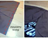 Szycie poduszki DIY. Brązowy materiał, czerwona linia wskazuje szew. W środku widać pluszową zebrę.