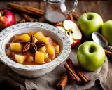 Délicieuse compote pommes mirabelles, garnie d'une étoile de badiane, entourée de pommes fraîches et de bâtons de cannelle sur fond de bois.