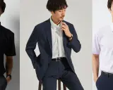 Three men showcase different dress shirt colors: navy, white, and light purple.