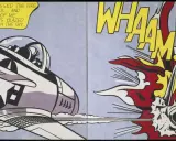 Famous Roy Lichtenstein pop art depicts a fighter jet firing rockets, with a massive explosion and "WHAAAM!" text.