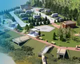 Nowoczesny camper park z placem zabaw, domkami i miejscami postojowymi dla kamperów.