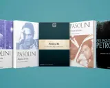 Copertine di opere di Pier Paolo Pasolini: "Una vita violenta", "Ragazzi di vita", "Il fascismo degli antifascisti", "Lettere luterane" e "Petrolio".