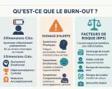 Infographie sur le burn-out, maladie professionnelle reconnue par l'Ameli. Elle détaille les dimensions clés, les signaux d'alerte et les facteurs de risque.