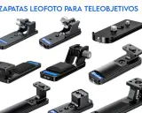 Varias zapatas Leofoto para cámara, diseñadas para teleobjetivos, con diferentes formas y tamaños.