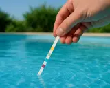 Teststicka i grumligt vatten i en pool. Färger på stickan visar vattenkvaliteten.