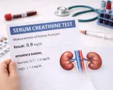Wynik badania poziomu kreatyniny 0.9 mg/dL, wskazujący na prawidłową funkcję nerek. Obok wyniki badań, stetoskop, strzykawka i leki.