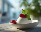 Délicieux panna cotta framboise, garni de fruits rouges frais et d'une touche de menthe, prêt à être dégusté.