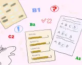 Wyniki testu z angielskiego, od A2 do C2. Widoczny certyfikat B2 angielski, arkusze z odpowiedziami i ocenami.
