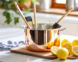 Ustensiles pour nettoyer le cuivre : une casserole en cuivre, des pinceaux et des citrons.