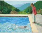 A man in a pink jacket looks down at another man swimming in a pool, a scene reminiscent of Barney Ebsworth's iconic style.