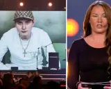 Alexandra Torgrip på scen, med en bild på en ung man i keps på storbildsskärmen bakom.