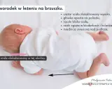 Noworodek w leżeniu na brzuszku z nieprawidłowym ułożeniem: ciężar ciała wysoko, główka na policzku, nóżki zgięte.