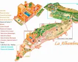Detailplan der Alhambra in Granada. Zeigt die Alcazaba, die Nasridenpaläste und den Generalife-Garten mit nummerierten Sehenswürdigkeiten.