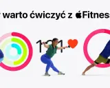 Trzy osoby ćwiczą, a obok nich widnieją kolorowe pierścienie aktywności i serce. Czy warto ćwiczyć z Apple Fitness+?