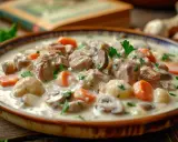 Blanquette de veau onctueuse, parsemée de carottes, champignons et persil. Un plat réconfortant préparé au Cookeo.