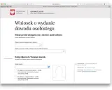 Formularz wniosku o wydanie dowodu osobistego. Możesz tu sprawdzić, jak sprawdzić czy dowód osobisty jest do odbioru, wybierając powód i urząd.