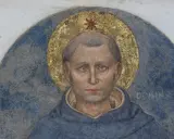 Portret św. Dominika z atrybutami: złota aureola z gwiazdą, niebieski habit.