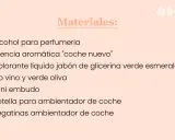 Lista de materiales para crear un ambientador casero con alcohol: alcohol, esencia "coche nuevo", colorantes, embudo, botella y pegatinas.