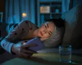 Une jeune femme dans son lit, le visage éclairé par son téléphone. Trop d'écrans, conséquences sur le sommeil.