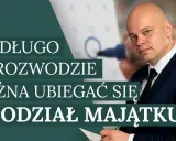 Mężczyzna w garniturze i kalendarz. Tekst: "Jak długo po rozwodzie można ubiegać się o podział majątku?". Sprawdź, czy nie minął termin przedawnienia.