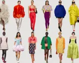 A collage of models showcasing bold 2026 fashion trends: voluminous silhouettes, vibrant colors, and unique textures.