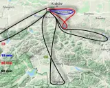 Trasy lotów z Krakowa do Wieliczki (15 i 30 min) oraz dłuższe, 60-minutowe loty w kierunku południowym, obejmujące m.in. Zakopane.