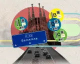 Pegatinas DGT indican que coches pueden entrar en Barcelona. La Sagrada Familia y la señal de tráfico de Barcelona aparecen en la imagen.