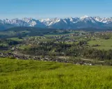 Widok na Tatry z zielonych wzgórz. W oddali widać zabudowania, które mogą być częścią trasy, ile km z Zakopanego do Bukowiny Tatrzańskiej.