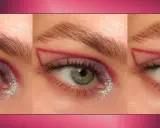 Ojos monolid con delineado gráfico rojo, sombra morada y glitter plateado.
