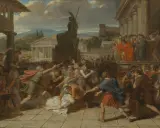 Tumult auf dem Forum. Eine Frau wird niedergestreckt, während die Menge tobt. Die Bedeutung von Patriziern wird hier im Chaos deutlich.