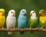 Cinque inseparabili colorati, giallo, bianco, azzurro, verde e giallo-verde, siedono su un ramo.