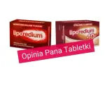 Dwa opakowania Liporedium, suplementu diety na odchudzanie. Na pierwszym planie różowy pasek z napisem "Opinia Pana Tabletki".