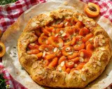 Délicieuse tarte aux fruits d'abricots, garnie d'amandes effilées et de thym frais, prête à être dégustée en plein air.