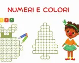 Esercizi matematica natale: un'illustrazione con numeri e colori per creare immagini natalizie, tra cui un albero e un pupazzo.
