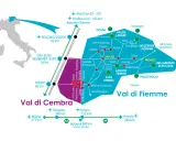 Cartina della Val di Fiemme e Val di Cembra, con i paesi principali, collegamenti stradali e ferroviari, e distanze da città come Trento e Bolzano.
