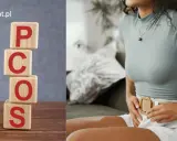 Klocki z literami PCOS i kobieta odczuwająca ból brzucha. Informacje o pcos leczenie.