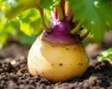 Gros plan sur un rutabaga jaune et violet poussant dans la terre. La culture du rutabaga est une tradition ancestrale.
