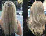 Przed i po zabiegu Olaplex. Włosy po zabiegu są widocznie zdrowsze i lśniące.