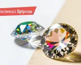 Dwa błyszczące kamienie, jeden z zielonymi refleksami, drugi z tęczowymi. Dowiedz się, czym jest cyrkonia i jakie ma właściwości optyczne.