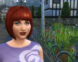 Sympatyczna Simka z rudymi włosami i zielonymi oczami, ubrana w fioletową bluzkę, pozuje na tle kwitnącego ogrodu. To świetny przykład mody w grze The Sims 4.