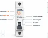 Wyłącznik nadprądowy VIOX C16 z oznaczeniami: prąd znamionowy C16, napięcie 230/400V, zdolność zwarciowa 6kA, zgodny z IEC 60898-1.