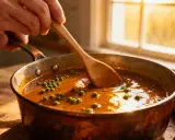 Une main remue une sauce au poivre verte dans une poêle en cuivre, à côté d'un steak grillé.