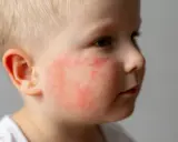 Visage d'un bébé aux joues rouges et irritées, signe de dermatite atopique.